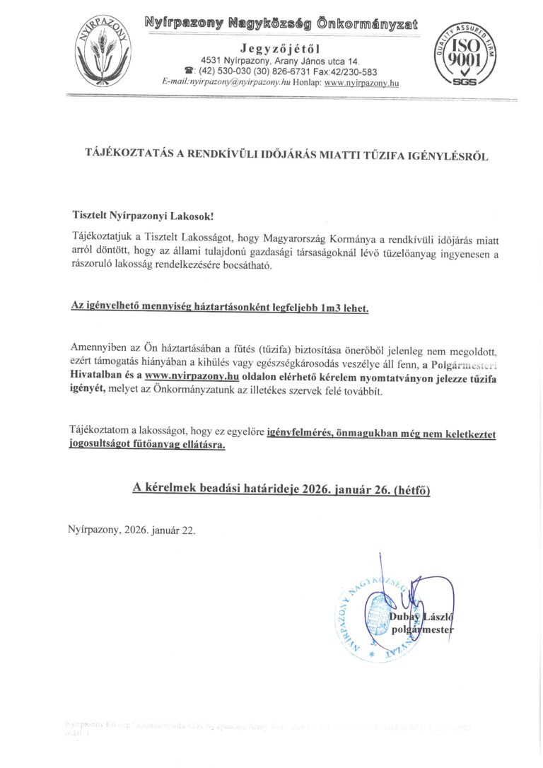 Tájékoztató kiegészítő tűzifa támogatásról